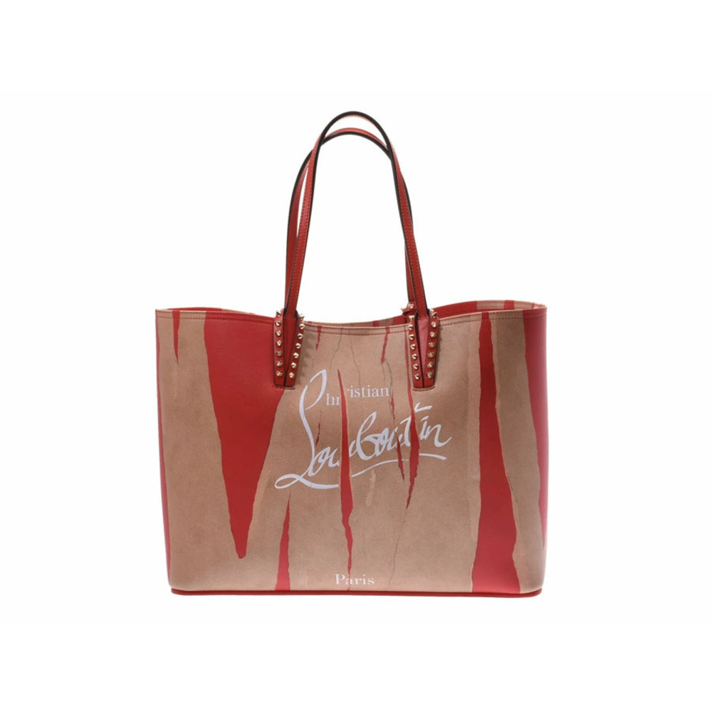 Christian Louboutin Cabata Rubicraft Red Beige Calfskin Studded Tote Bag Clutch